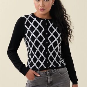 Brooks Brothers Womens Black White Argyle Silk Cotton Blend Cardigan Size XS